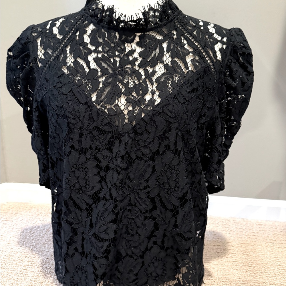 Puff sleeve lace high neck top